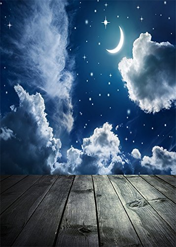 YongFoto 1x1,5m Vinyl Foto Hintergrund Fantasie Nachthimmel Mond Stern Wolken Bretterboden Fotografie Hintergrund für Fotoshooting Portraitfotos Party Kinder Fotostudio Requisiten von YONGFOTO