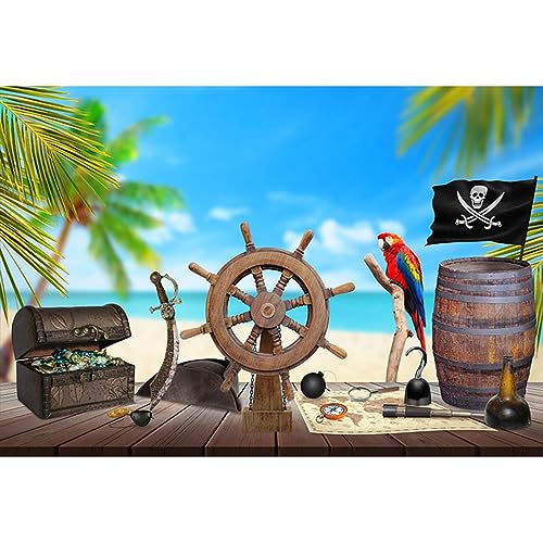 YongFoto 2,2x1,5m Vinyl Foto Hintergrund Piratentisch aus Holz Schiffsrad Schatzkarte Rum Kompass Messer Palme Strand Fotografie Hintergrund Backdrop Fotostudio Hintergründe Requisiten von YONGFOTO