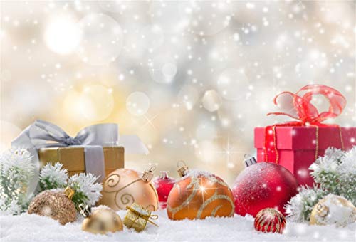 YongFoto 2,2x1,5m Vinyl Foto Hintergrund Weihnachten Geschenkboxen und Bälle auf Schnee Fotografie Hintergrund für Fotoshooting Fotostudio Requisiten von YONGFOTO