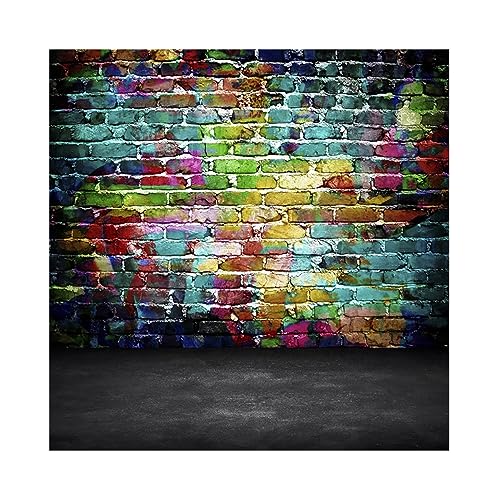 YongFoto 2x2m Vinyl Foto Hintergrund Bunte Backsteinmauer Schwarzer Boden Leerer Innenraum Fotografie Hintergrund Partydekoration Fotostudio Hintergründe Fotoshooting von YONGFOTO