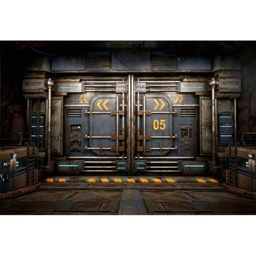 YongFoto 3,5x2,5m Raumschiff Hintergründe für Fotografie Rostige Raumschifftür Mechanisches Schlachtschiffinneres Hintergrund für Science-Fiction-Fans Cyber-Mottoparty Kinder Vinyl Foto Props von YONGFOTO