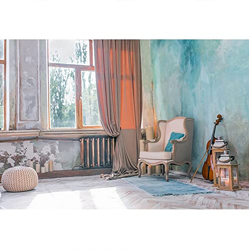 YongFoto 3x2,5m Vinyl Foto Hintergrund Indoor Szene Fenster Vorhang Geige Sofa Blau gemalte Wand Fotografie Hintergrund Kinder Fotostudio Hintergründe Requisiten von YONGFOTO