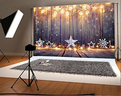 YongFoto 3x2m Foto Hintergrund Weihnachten Vinyl Star Schneeflocken Lichterketten Holzplanke Fotografie Hintergrund Foto Leinwand Kinder Fotostudio 10ft von YONGFOTO