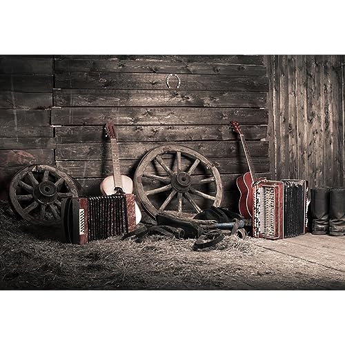 YongFoto 3x2m Vinyl Foto Hintergrund Alte Scheune Western Cowboy Vintage Rad Stiefel Guitar Stroh Fotografie Hintergrund für Fotoshooting Portraitfotos Party Kinder Hochzeit Fotostudio Requisiten von YONGFOTO