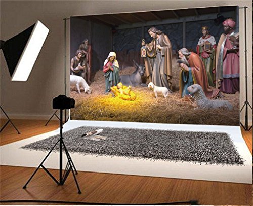 YongFoto 3x2m Vinyl Foto Hintergrund Geburt von Jesus Shepherd Weihnachten Weiße Schaf Stroh Kuh Kultur Historisch Fotografie Hintergrund für Fotoshooting Portraitfotos Party Hochzeit Requisiten von YONGFOTO