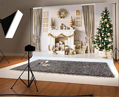 YongFoto 3x2m Vinyl Foto Hintergrund Weihnachten Baum Geschenke Kamin Garland Socks Curtain Interior Fotografie Hintergrund für Fotoshooting Portraitfotos Party Kinder Hochzeit Fotostudio Requisiten von YONGFOTO