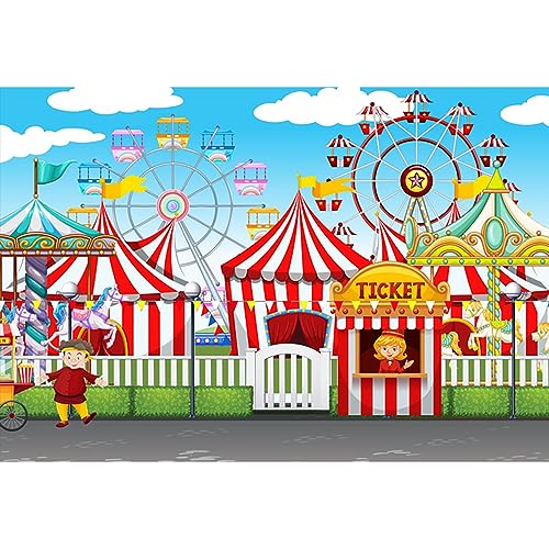 YongFoto 3x2m Vinyl Foto Hintergrund Zirkus Kirmes Spielplatz Zelte Ticketschalter Karussell Riesenrad Fotografie Hintergrund für Photo Booth Baby Party Banner Kinder Fotostudio Requisiten von YONGFOTO