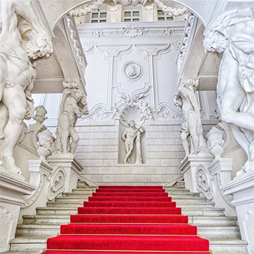 YongFoto 3x3m Vinyl Foto Hintergrund Schloss Luxuspalast Europäische Archäologie Handgemalt Künstlerische Treppe Roter Teppich Fotografie Hintergrund für Hochzeit Fotoshooting Portrait Foto Requisiten von YONGFOTO