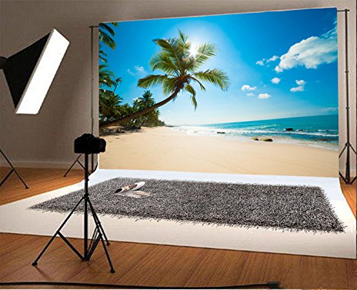 YongFoto 4x3m Fotohintergrund Vinyl Strand am Strand Blauer Himmel weiße Wolken Palmen für Fotografie Party Hawaii Luau Szenen Set persönliches Porträt Fotohintergrund Studio Requisiten von YONGFOTO