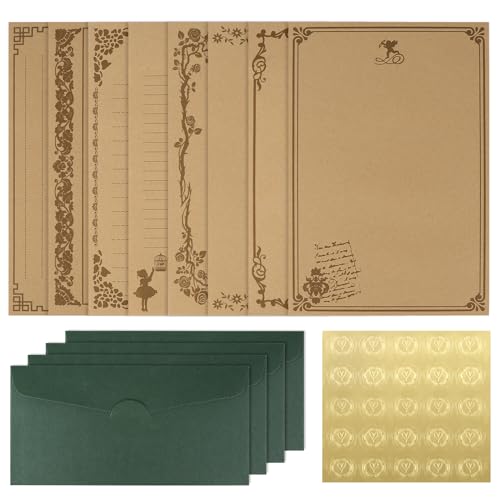 24 Stück Briefpapier/Briefumschlag Set edel, 14.5 * 21.5cm Vintage-Briefkopf mit Blumenmuster, mit 24 Briefumschlag aus dunkelgrünem Perlglanzpapier, 25 Siegel-Aufkleber von YONGQING