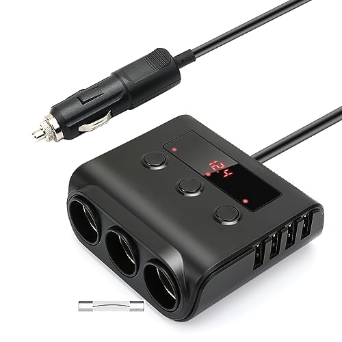Auto Ladegerät Adapter, 3 Fach KFZ Zigarettenanzünder Verteiler mit 4 USB Ports, 12V/24V Mehrfach Auto KFZ Steckdose Verteiler Splitter mit LED Voltmeter Schalter für GPS/Dash Cam/Handy von YONGYAO
