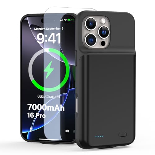 YONHUIZI Akkuhülle für iPhone 16 Pro (6,3"), 7000mAh Wiederaufladbar Batterie Ladehülle Akku mit Panzer Schutz Glas, Powerbank Hülle Zusatzakku Akku Case Akku Ladehülle Handyhülle-Schwarz von YONHUIZI