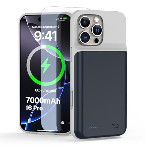 YONHUIZI Akkuhülle für iPhone 16 Pro (6,3"), 7000mAh Wiederaufladbar Batterie Ladehülle Akku mit Panzer Schutz Glas, Powerbank Hülle Zusatzakku Akku Case Akku Ladehülle Handyhülle-Blau von YONHUIZI