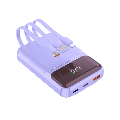 Powerbank 10000mAh PD 22,5 W QC 4.0 Schnellladung USB-C-Ausgänge mit Integrierten Schnellladekabeln Tragbares Ladegerät Akkupack Kompatibel mit iPhone Samsung Google Pixel LG (Lila) von YOOSANG