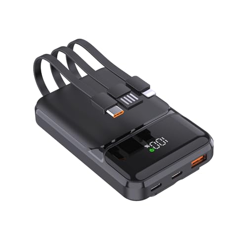 Powerbank 10000mAh PD 22,5 W QC 4.0 Schnellladung USB-C-Ausgänge mit Integrierten Schnellladekabeln Tragbares Ladegerät Akkupack Kompatibel mit iPhone Samsung Google Pixel LG (Schwarz) von YOOSANG
