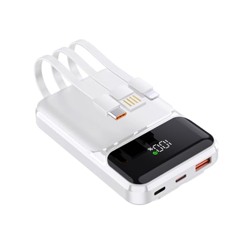 Powerbank 10000mAh PD 22,5 W QC 4.0 Schnellladung USB-C-Ausgänge mit Integrierten Schnellladekabeln Tragbares Ladegerät Akkupack Kompatibel mit iPhone Samsung Google Pixel LG (Weiß) von YOOSANG