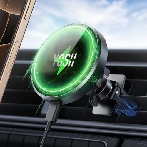 YOSH 15W für Magsafe Handyhalterung Auto mit Ladefunktion, Magnetische Kabelloses Ladegerät Auto Lüftung [mit Doppelter Verriegelungsclip], Handyhalter mit N52 Magnets für iPhone 16 15 14 13 12 von YOSH