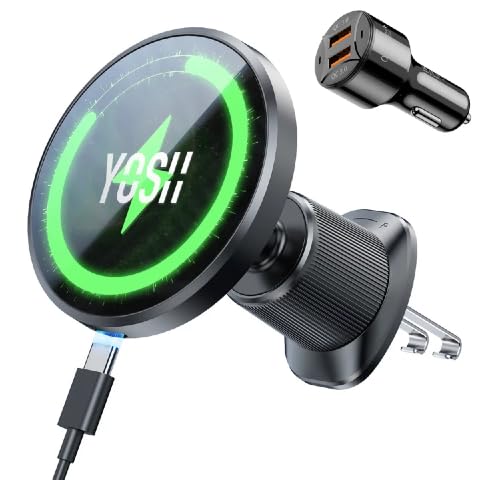 YOSH Mag-Safe Autohalterung mit Ladefunktion 15W, [3.0 Metall-Doppelhaken & N55 Starke Magnets], Handyhalterung Auto für Magsafe Ladegerät Lüftung für iPhone 16-12 Samsung 24 23 mit 36W Autoladegerät von YOSH