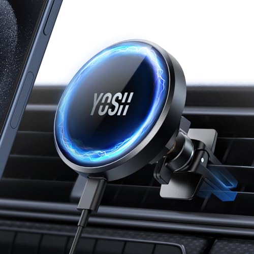 YOSH Mag-Safe Autoladehalterung Magnetisches Kabelloses Auto Ladegerät, 360° drehbare Autohalterung für iPhone 14/13/12 Serie & MagSafe Case mit doppeltem Verschluss-Clip von YOSH