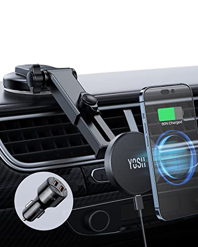 YOSH Mag-Safe Magnetisch Kabelloses Auto Ladegerät, Armaturenbrett Windschutzscheibe Autohalterung für iPhone 15/14/13/12 Serie & Mag-Safe Case mit 36W Auto Ladegerät von YOSH
