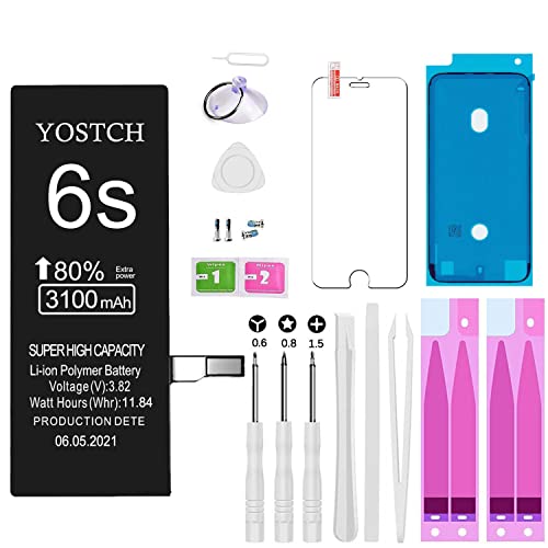 YOSTCH Accu Battery Ersatz Akku Kompatibel mit iPhone 6s A1633, A1688, A1700 Hoher Kapazität 3100mAh mit Werkzeuge Set Reparaturset Klebestreifen Adhesive Kit Tool Öffnungs Akkus Batterie Ersatzakku von YOSTCH