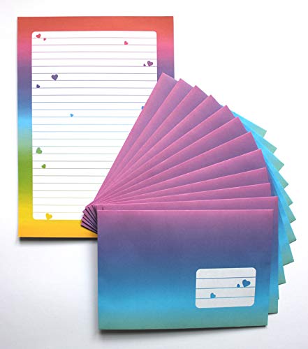 Briefpapier Set Mädchen (25 Blatt) DIN A5 liniert mit 12 passenden Umschlägen Schreibblock Briefblock Farbverlauf Herzen bunt Regenbogen Kinder Block Schreibpapier Liebesbrief Geschenk YOU DECIDE von YOU DECIDE MUNICH