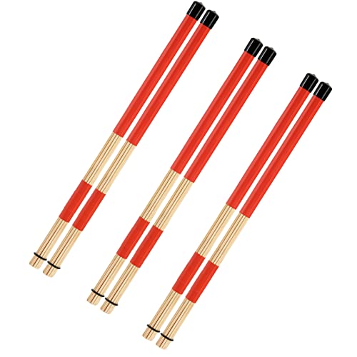 YOUEON 3 Paar 40.6 cm Bambus Hot Rods Drumsticks, hergestellt aus 19 Bambusdübeln, Stangen Trommelbürsten, 5A Drum Sticks für Jazz, Rock Band, kleine Veranstaltungsorte und akustische Leistung, rot von YOUEON