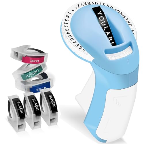 YOULABLE Prägeetikettenmacher mit 3 Bändern, 3D-Prägeetikettenmaschine, tragbarer Schriftzug, geprägter Etikettierer mit 3 Rollen, Prägebänder für Büro, Zuhause, Organisation und Basteln (blau) von YOULABLE