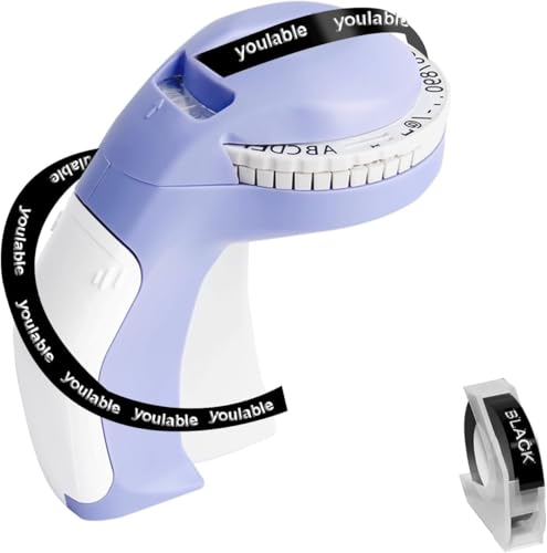 YOULABLE Präge-Etiketten-Maschine mit Bändern, tragbarer Retro-geprägter Etikettenmacher, Mini-Prägeetikettenmacher mit 1 Rolle, Prägeetikettenbänder für Zuhause, Büro, DIY und Basteln (lila) von YOULABLE