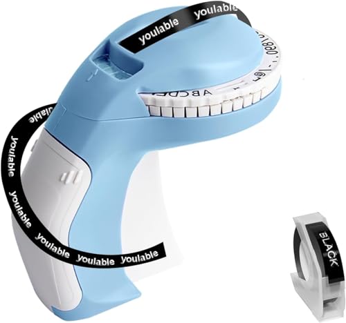 YOULABLE Prägeetiketten-Maschine mit Bändern, tragbarer Retro-geprägter Etikettenmacher, Mini-Prägeetikettenmacher mit 1 Rolle, Prägeetikettenbänder für Zuhause, Büro, DIY und Basteln (blau) von YOULABLE