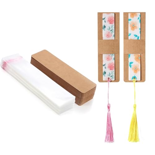 YOUNAFEN Packung mit 100 Hüllen für DIY-Lesezeichen, Blanko-Display-Karten, vielseitiger Kraft-Lesezeichen-Halter, transparent, selbstklebende Beutel, wie Bilder zeigen von YOUNAFEN