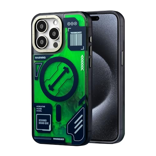 YOUNGKIT Magnetische Handyhülle für iPhone 15 Pro hülle - Technische Textur Kompatibel mit MagSafe Aluminiumlegierung Kamerarahmen Transluzente Matte Hartschale CyperPunk Serie- Grün Titanium1 von YOUNGKIT