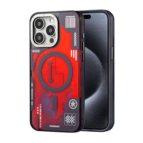YOUNGKIT Magnetische Handyhülle für iPhone 15 Pro hülle - Technische Textur Kompatibel mit MagSafe Aluminiumlegierung Kamerarahmen Transluzente Matte Hartschale CyperPunk Serie- Orange Titanium1 von YOUNGKIT