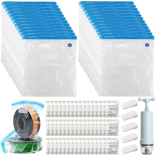 YOUNGSAY 24 Stk Vakuumbeutel Filament + 48 Trockenmittelbeutel + 1 Handpumpe, 34 x 30cm Wiederverwendbare Filament Vakuumbeutel mit 5 Dichtungsclips für PLA ABS PETG TPU Lagerung von YOUNGSAY