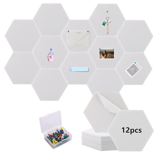 12 Stück Pinnwand Selbstklebend 20x17x0,9cm Pinnwand Kork Weiß Korkplatte Sechseckige Korkwand Filztafel Filz-Pinnwand Sechseckig Memoboard für Notizen, Bilder, Foto, Zimmer Deko von YOUNTHYE
