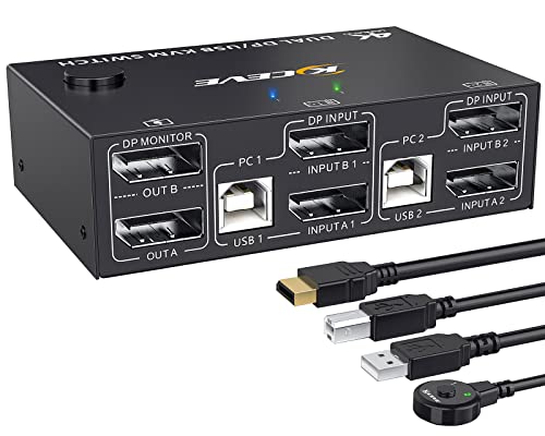 Displayport KVM Switch 2 PC 2 Monitore, KVM Switch 4K@144Hz 8K@30Hz, Dual Monitor KVM Switch Displayport 1.4, USB Displayport Switch für 2 PC Teilen 4 USB Geräte Tastatur, Maus, mit Kabels von YOUTINGHDAV