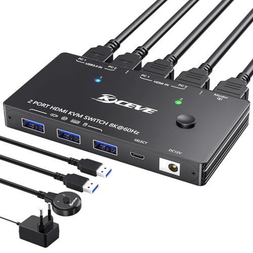 USB 3.0 KVM Switch HDMI 2 Port 8K@60Hz 4K@120Hz HDCP 2.3 HDMI 2.1 KVM Switch 2 PC 1 Monitor,HDMI und USB Switch Teilen 4 USB 3.0 Geräte Tastatur Maus mit Kabel und Wired Remote von YOUTINGHDAV