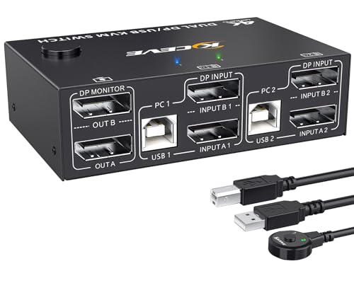 YOUTINGHDAV KVM Switch 2 PC 2 Monitore Displayport 1.4, USB KVM Switch Dual Monitor Displayport 4K@144Hz für 2 PC Teilen 4 USB Geräte Tastatur, Maus, mit Wired Remote und Kabels von YOUTINGHDAV