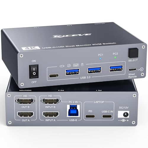 YOUTINGHDAV KVM Switch 2 PC 2 Monitore USB C, USB 3.0 KVM Switch Dual Monitor HDMI 4K@60Hz for PC & Laptop, MST, PD 60W Laptop-Ladung, mit Kabel-Fernbedienung, Aluminium von YOUTINGHDAV