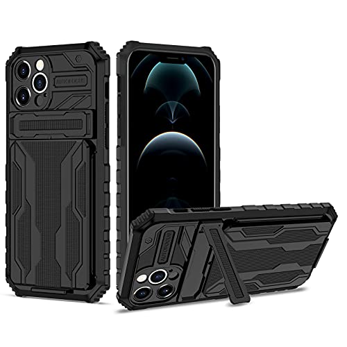 YOUULAR Armor Card Hülle für iPhone 12 Pro Max,hartes PC+weiches TPU+Halterung+Kartenhülle,stoßfeste Anti-Drop Schutzhülle iPhone 12 6.7 militärische Hüllen, integrierte versteckte Halterung, Schwarz von YOUULAR