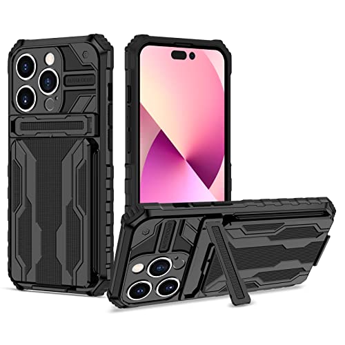 YOUULAR Armor Card Hülle für iPhone 15 Pro/iPhone 14 Pro, hartes PC +weiches TPU+Halterung+ Kartenhülle, stoßfeste Anti-Drop Schutzhülle militärische Hüllen, integrierte versteckte Halterung, Schwarz von YOUULAR