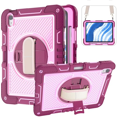 YOUULAR Tablet Hülle für Apple iPad Air 11 (2024)/Apple iPad Air 6/iPad Air (6th Generation) 11 inch (M2), Stoßfeste Hüllen mit um 360° drehbarem Ständer und Handschlaufe Schultergurt, Rote Rose+Rosa von YOUULAR