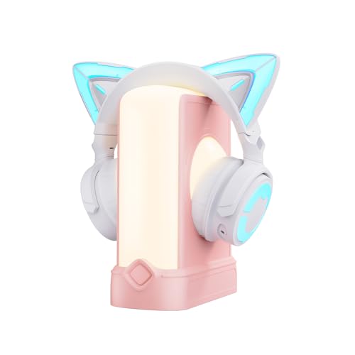 YOWU RGB Black Cat Ear Headphones 4GS and Crystal Headphone Stand Accessories for The Ultimate Experience (White) (Pink) von YOWU