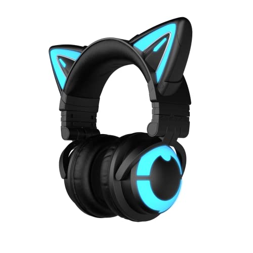YOWU RGB Cat Ear Headphone 3S Wireless 5.0 Faltbares Gaming Headset mit integriertem Mikrofon & anpassbarer Beleuchtung und Effekt über App, Typ-C Lade-Audiokabel, für PC Laptop Smartphone (schwarz) von YOWU