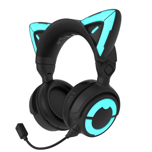 YOWU RGB Cat Ear Headphone 4, verbessertes kabelloses und kabelgebundenes Gaming-Headset mit ansteckbarem HD-Mikrofon – aktive Rauschunterdrückung, anpassbare Beleuchtung und Effekte per APP (Schwarz) von YOWU