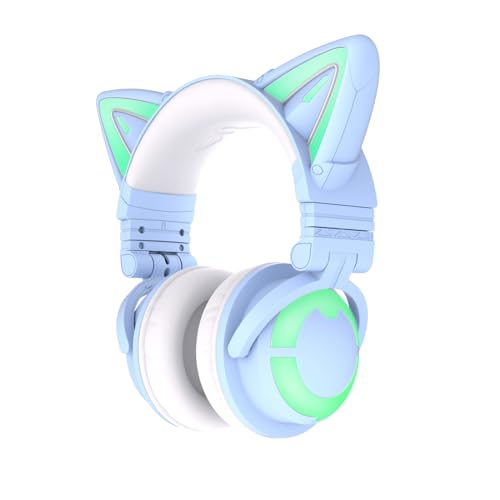 YOWU RGB Cat Ear Kopfhörer 3G Wireless 5.0 Faltbares Gaming-Headset mit 7.1 Surround Sound, integriertem Mikrofon und anpassbarer Beleuchtung und Effekt per App, Typ-C-Lade-Audiokabel (Blau) von YOWU