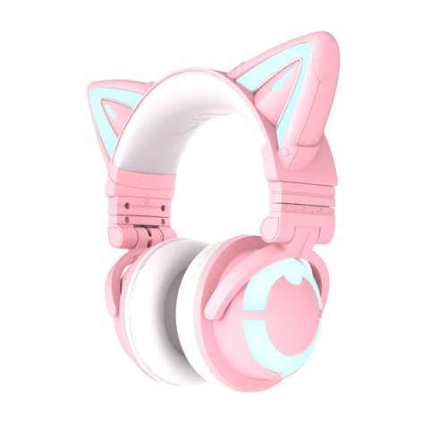 YOWU RGB Cat Ear Kopfhörer 3G Wireless 5.0 Faltbares Gaming-Headset mit 7.1 Surround Sound, integriertem Mikrofon und anpassbarer Beleuchtung und Effekt per App, Typ-C-Lade-Audiokabel (Rosa) von YOWU