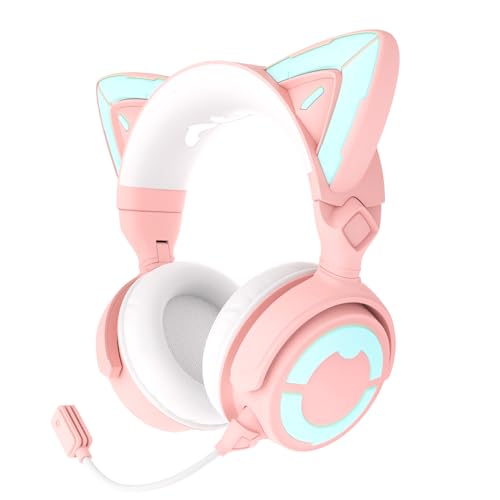 YOWU RGB-Katzenohr-Kopfhörer 4, verbessertes kabelloses und kabelgebundenes Gaming-Headset mit aufsteckbarem HD-Mikrofon, aktive Geräuschreduzierung, anpassbare Beleuchtung und Effekt über App, rosa von YOWU