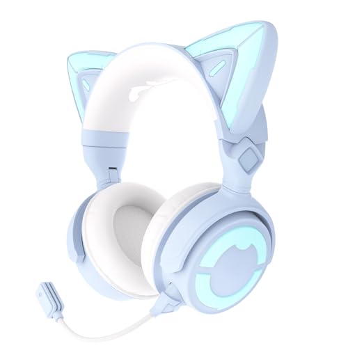 YOWU RGB-Katzenohr-Kopfhörer 4, verbessertes kabelloses und kabelgebundenes Gaming-Headset mit aufsteckbarem HD-Mikrofon, aktive Geräuschreduzierung, anpassbare Beleuchtung und Effekt über App, blau von YOWU