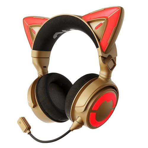YOWU RGB-Katzenohr-Kopfhörer 4, verbessertes kabelloses und kabelgebundenes Gaming-Headset mit aufsteckbarem HD-Mikrofon, aktive Geräuschreduzierung (4, Gold) von YOWU